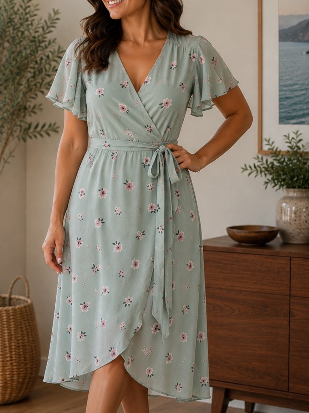 twik Sage Green Mini Wrap Dress with Pink Floral Print